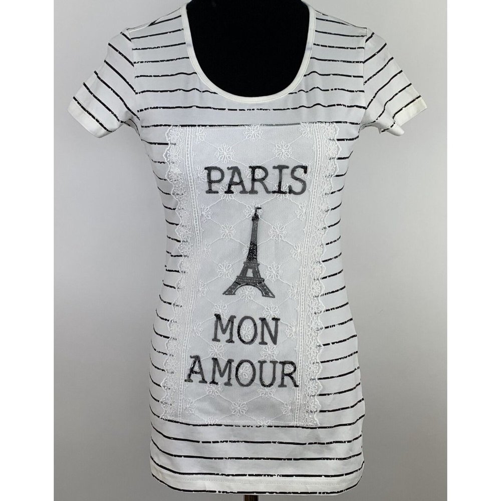 PRODUIT ORIGINAL Paris Mon Amour Eiffel Tower‎ Shirt Striped Lace XS